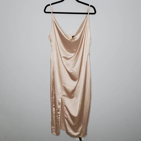 PRETTYLITTLETHING Champagne Satin Strappy Cowl Neck Sleeveless Midi Dress Sz 12 - Picture 2 of 8